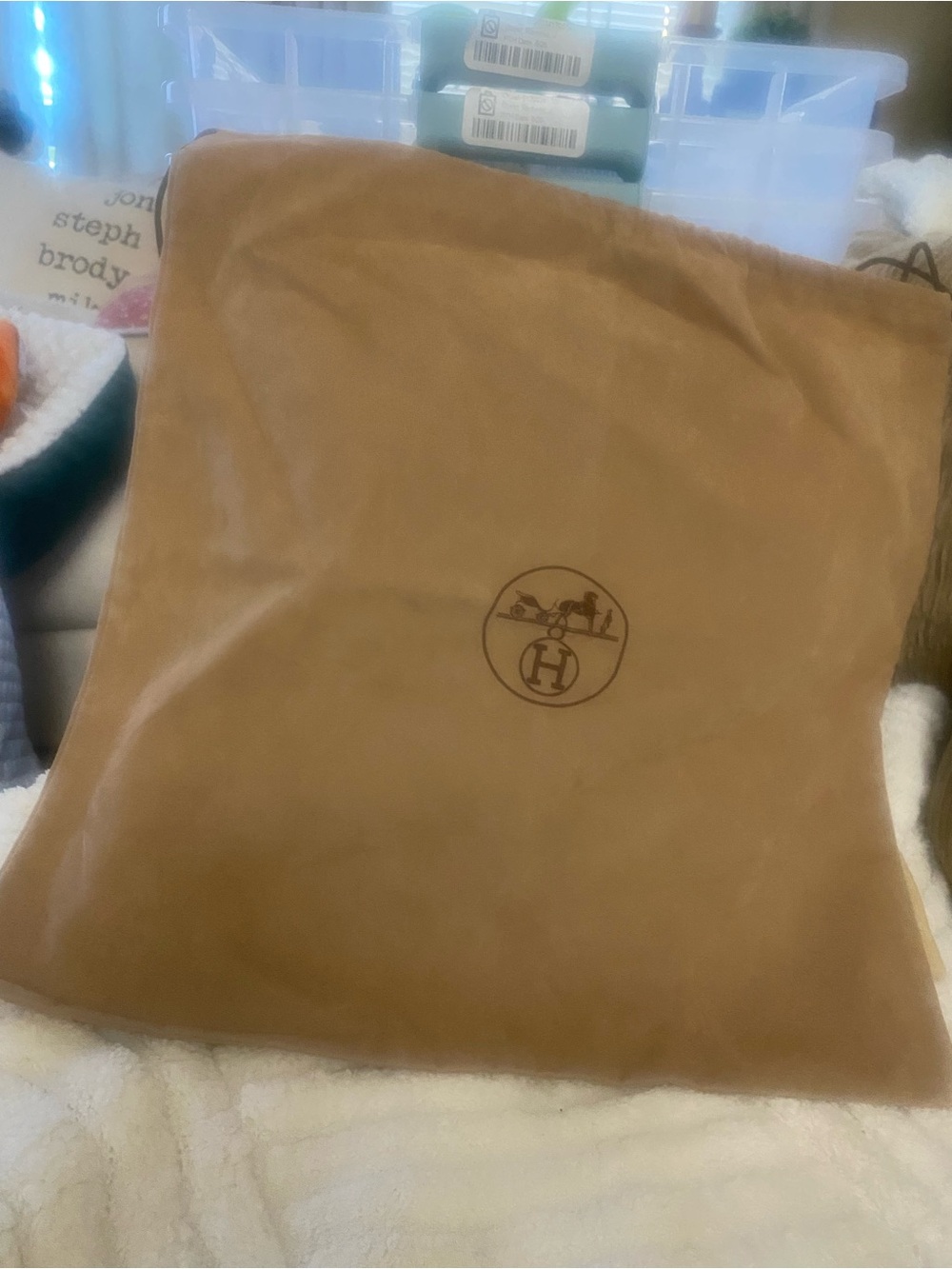 Hermès Brown Velveteen Dust Bag with Signature Logo